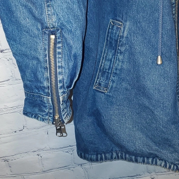 Vintage 90's Denim and Plaid Zip Up Midweight Reversible Coat w Zipper Sleeves - Picture 2 of 16